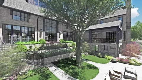 a garden view with a seating space