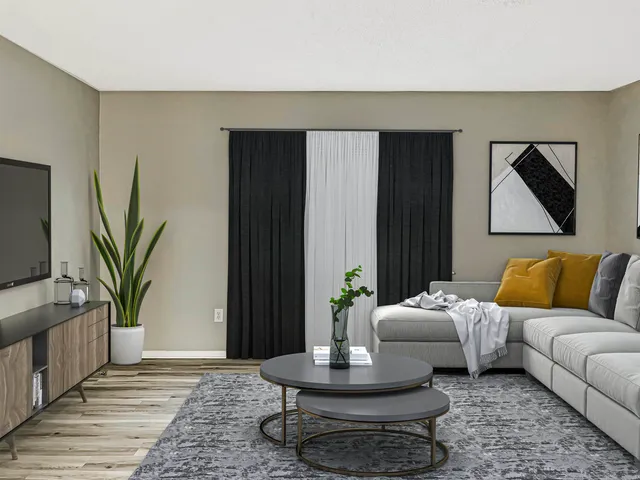a living room with furniture and a potted plant