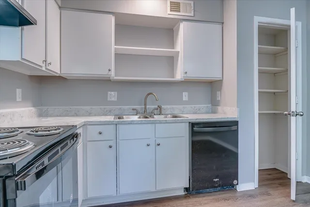 a kitchen with cabinets appliances and a sink