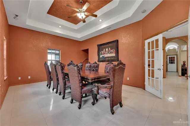 a view of a dining room with furniture