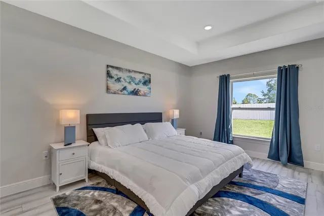 a bedroom with a bed and a large window