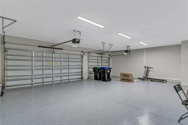 a view of a garage with storage