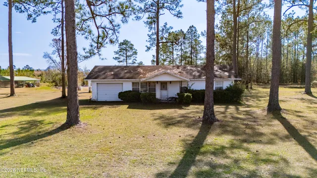 a view of a park with large trees