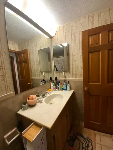 a bathroom with a sink a toilet and a mirror