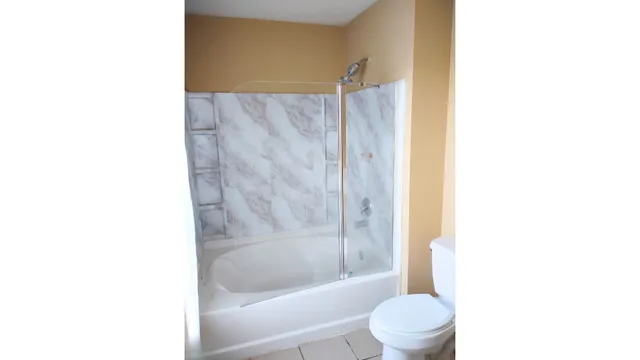 a bathroom with a shower and a toilet