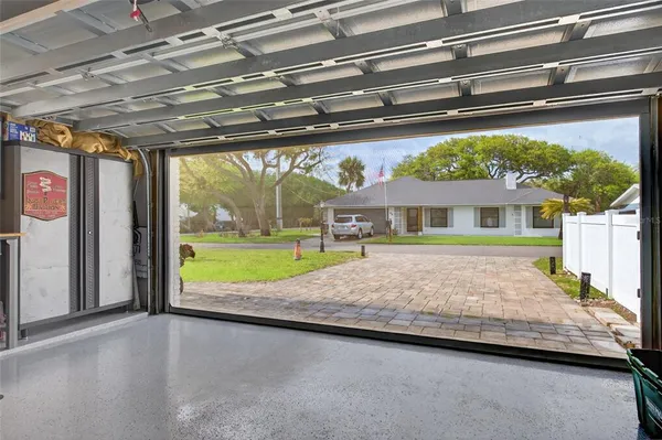 a view of a garage with storage