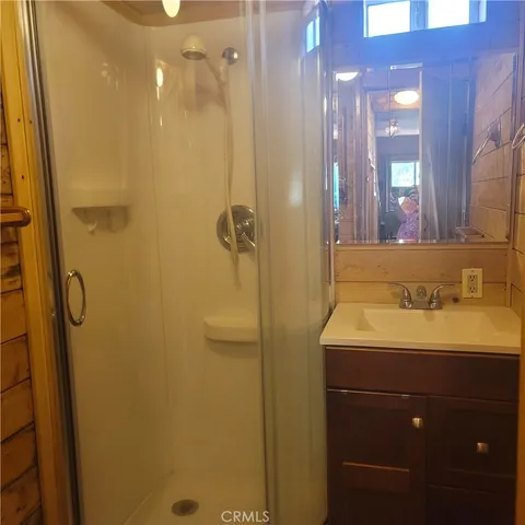 a bathroom with a sink mirror and shower