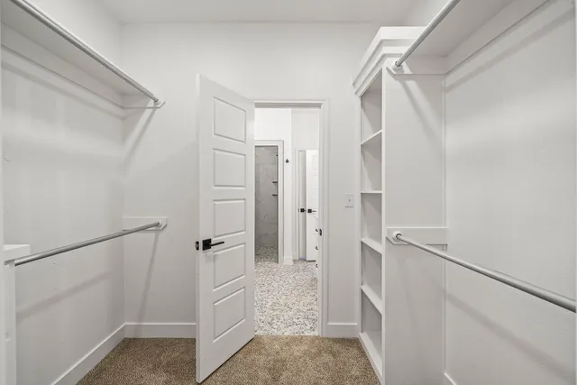 a bathroom with a shower and a glass door