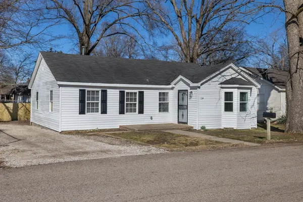 a view of house with a yard and large tree