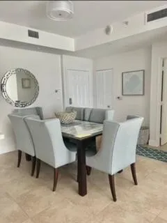 a view of a dining room with furniture
