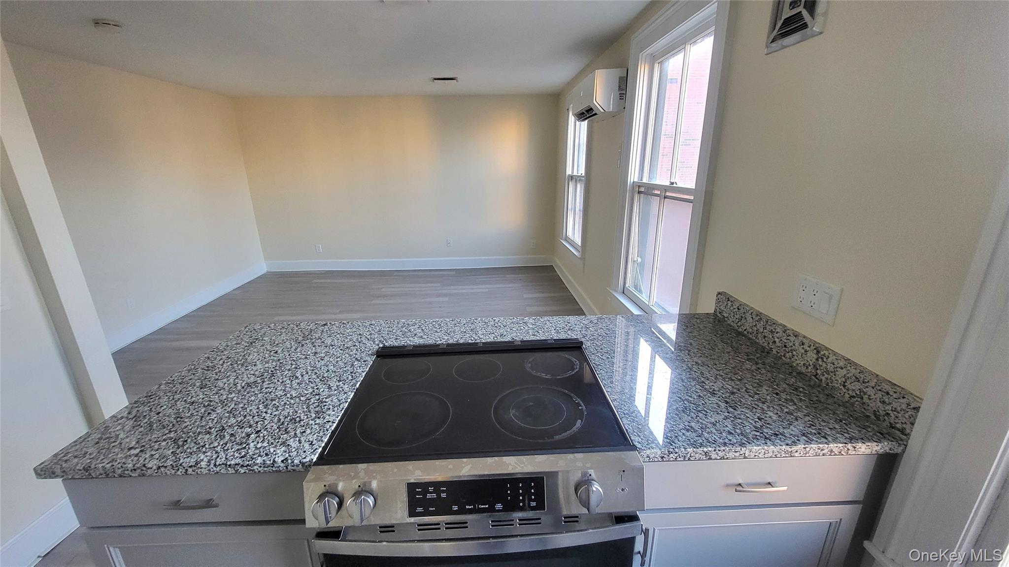 216 Church Street, Unit 2 Poughkeepsie, NY 12601 - Photo 13 of 13 Kitchen with light stone countertops, stainless steel range with electric stovetop, a wall mounted air conditioner, gray cabinetry, and open floor plan