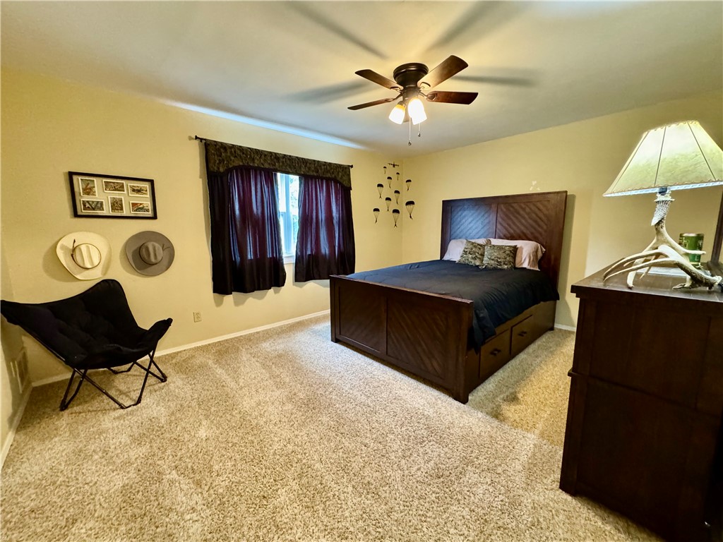 15196 Cincinnati Creek Road Summers, AR 72769 - Photo 28 of 42 Carpeted flooring, window with dark drapes, ceiling fan with integrated lighting, and walls in a neutral tone