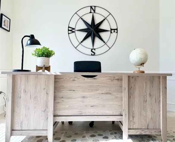 a living room with cabinets