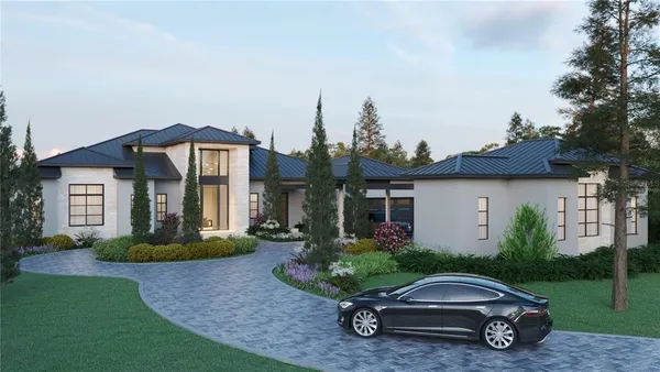 a car parked in front of a house and a yard