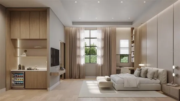 a spacious bedroom with a large bed and a window