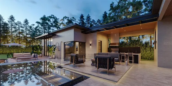 a view of a patio with table and chairs potted plants with wooden floor and fence