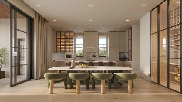 a view of a dining room with furniture and window