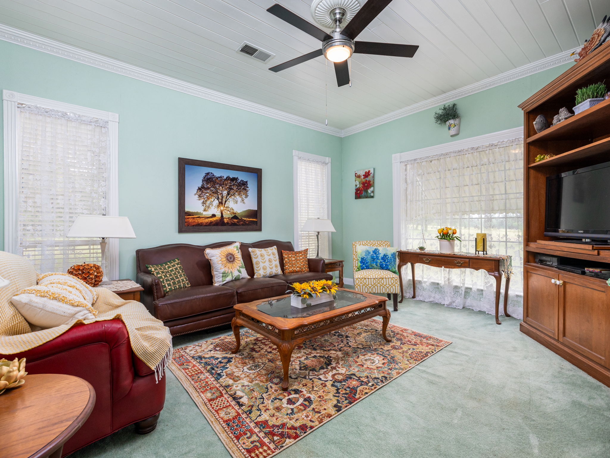 1065 Private Road 7041 Elgin, TX 78621 - Photo 6 of 38 Formal living room featuring an ornamental ceiling, elegant crown molding, and abundant natural light streaming through numerous windows. A ceiling fan adds comfort to this bright and refined space
