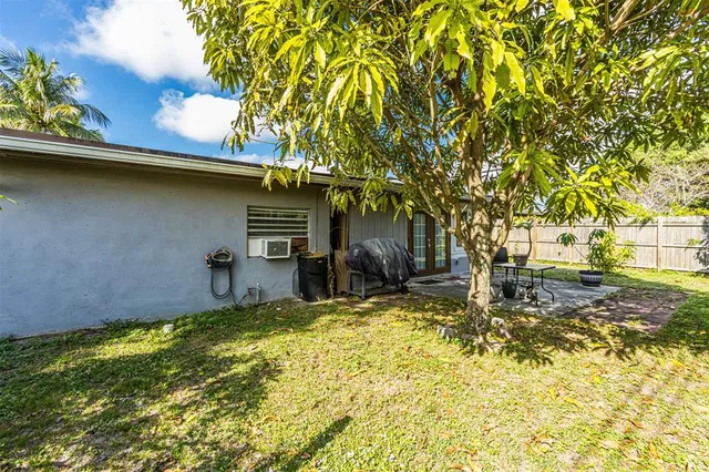 a view of a backyard with a tree