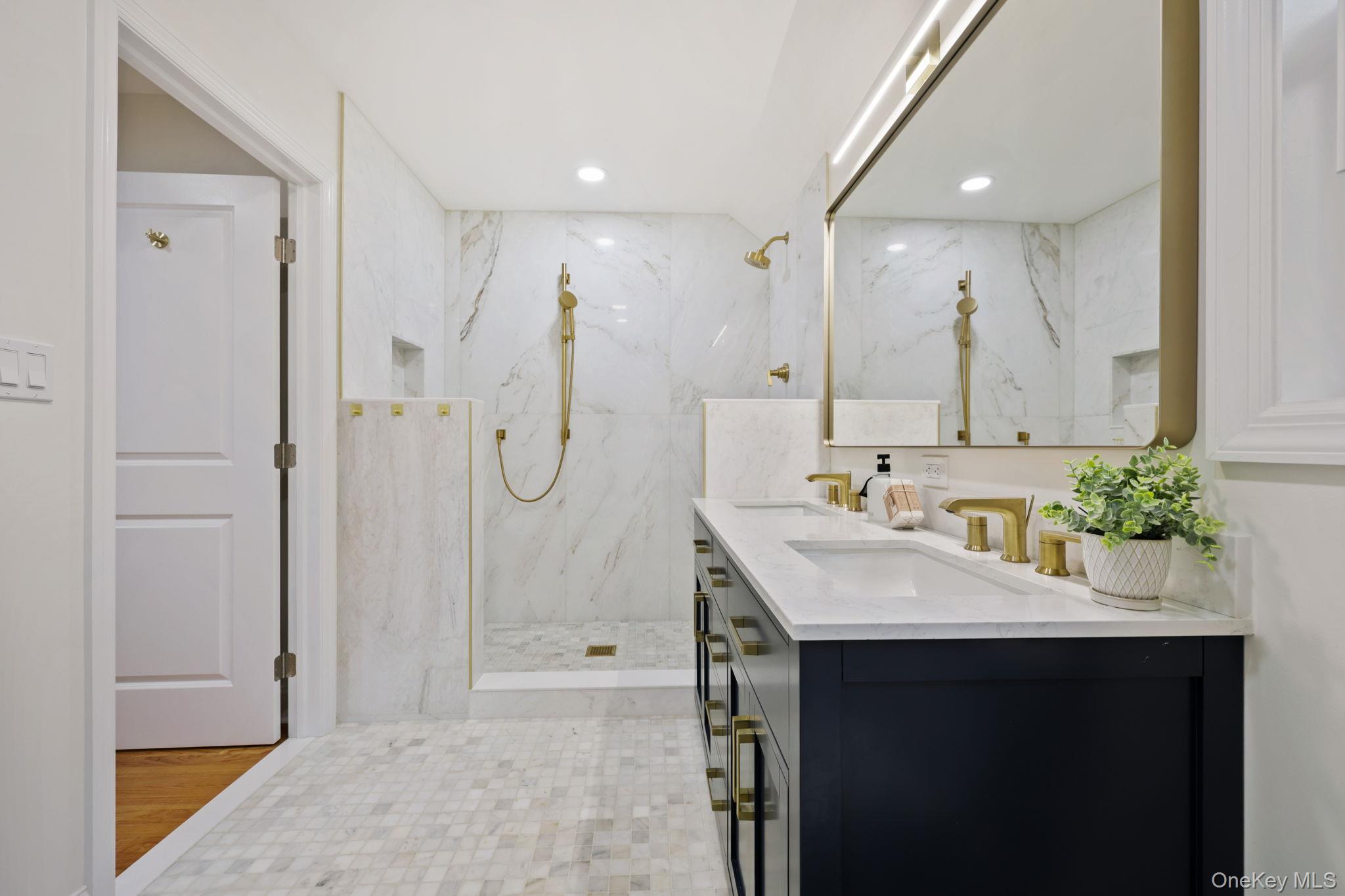 790 Hardscrabble Road Chappaqua, NY 10514 - Photo 31 of 40 Full bathroom featuring double vanity, a marble finish shower, and recessed lighting