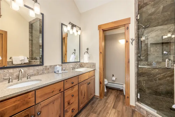 a bathroom with a granite countertop sink toilet and shower