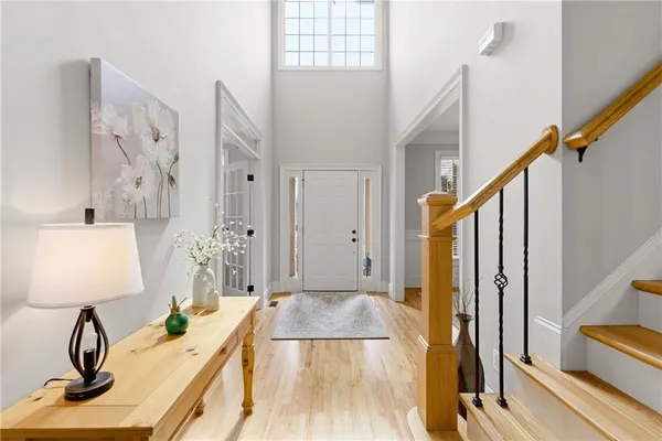 a view of a living room and bathroom