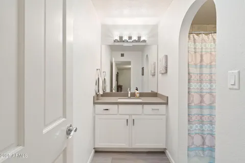 a bathroom with a sink mirror and a shower