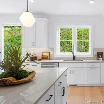 a kitchen with a sink a window and cabinets
