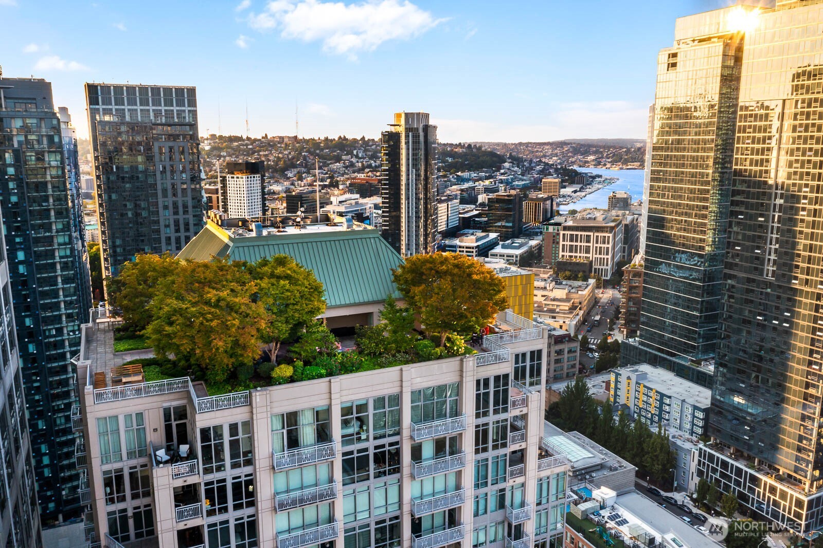 a view of a city with tall buildings