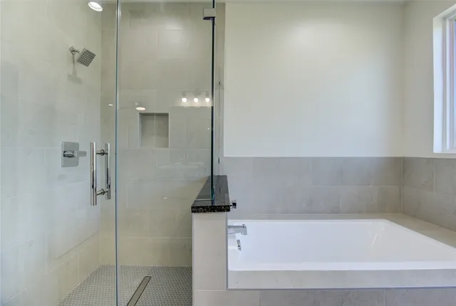 a bathroom with a bathtub