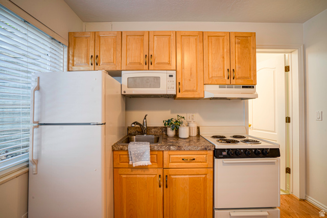 1433 Forge Way Draper, UT 84020 - Photo 22 of 29 Compact kitchen featuring light wood cabinetry, stone-finish countertops, and a white appliance suite including a refrigerator, range, and microwave