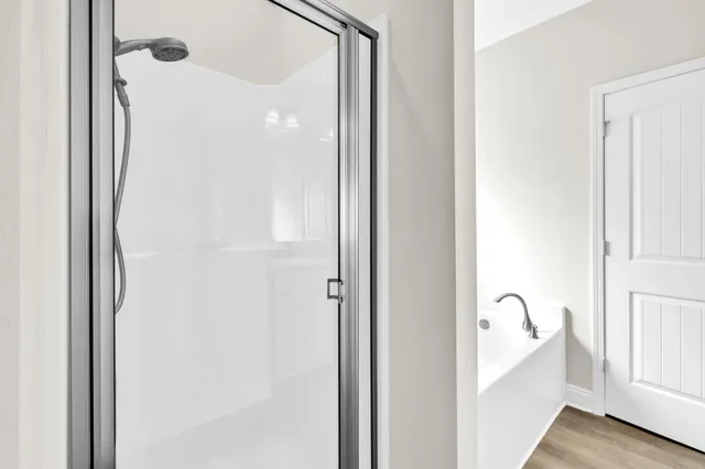 a bathroom with a bathtub and a shower