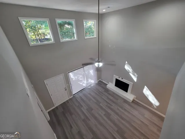 a view of dining room with wooden floor