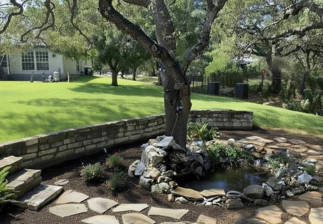 a view of a garden with a tree