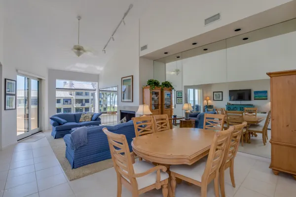 a view of a dining room with furniture