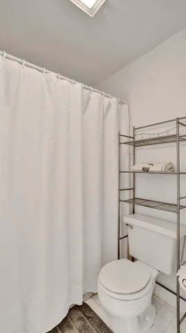 a white toilet sitting next to a shower curtain