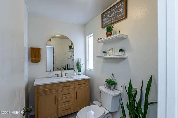 a bathroom with a sink a mirror and a potted plant