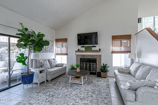 a living room with furniture a potted plant a fireplace and a window