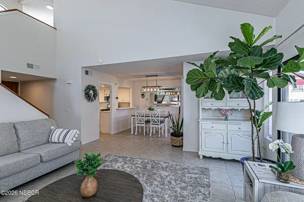 a living room with furniture potted plant and a window