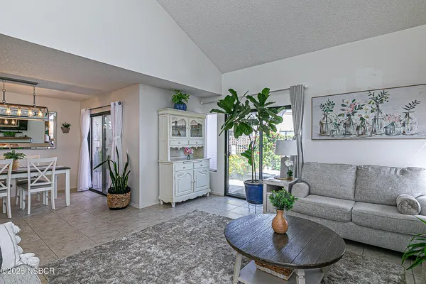 a living room with furniture potted plant and a window