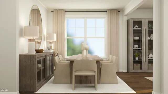 a dining room with furniture and window