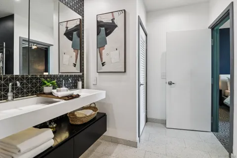 a bathroom with a sink and a mirror