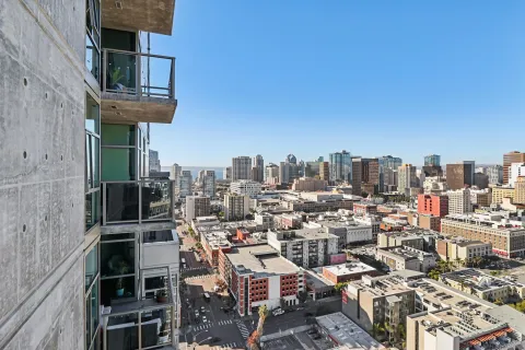 a view of a city with tall buildings