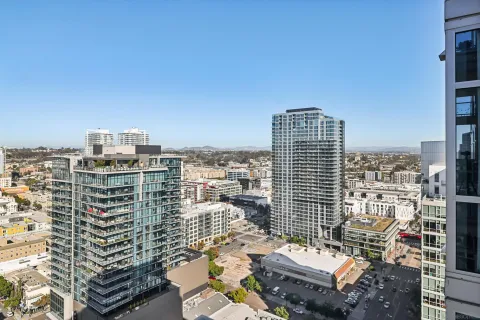 a city view with tall buildings