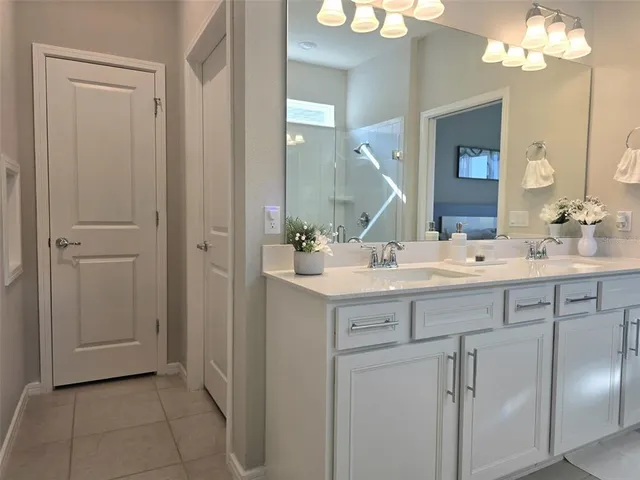a bathroom with a sink vanity and a mirror