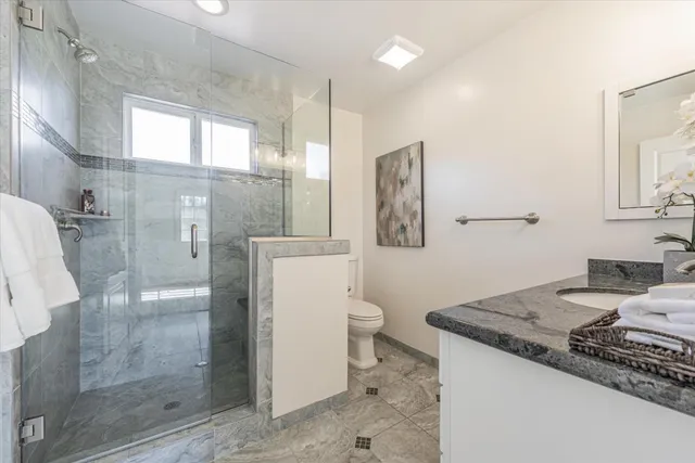 a bathroom with a granite countertop sink a toilet and shower