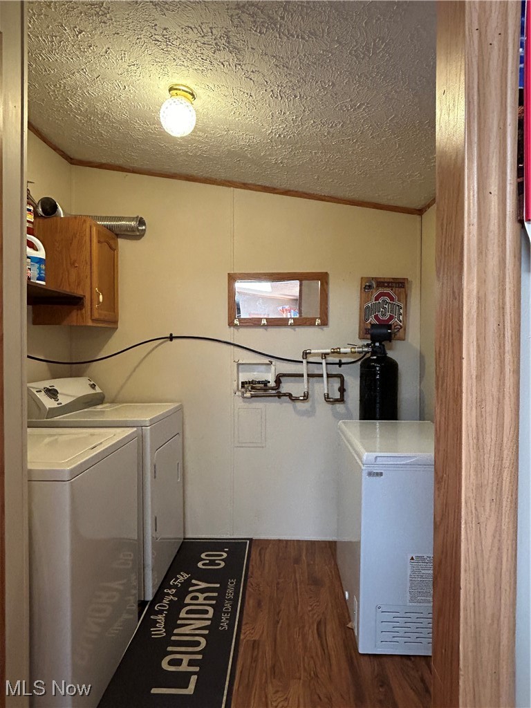8081 Big Run Road Gambier, OH 43022 - Photo 17 of 28 Laundry area featuring cabinets, a textured ceiling, dark wood-type flooring, and washer and clothes dryer