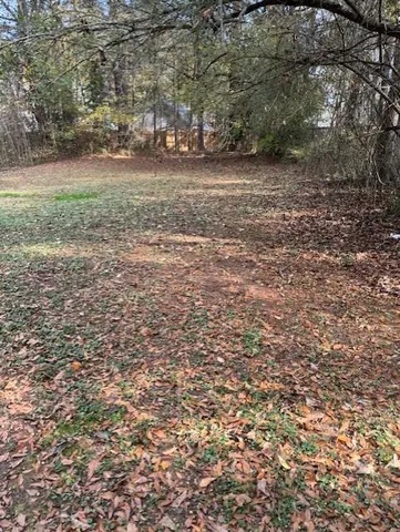 a view of dirt field with large trees