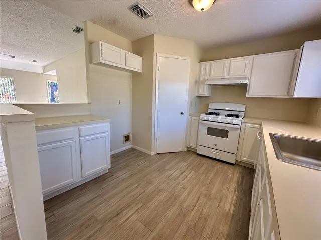 a kitchen with a sink a stove and cabinets