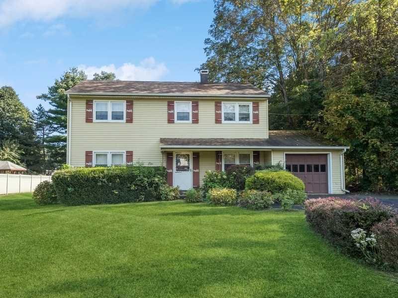 a front view of a house with a yard and plants